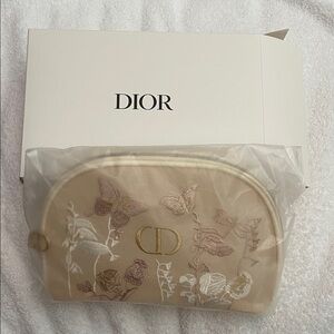 Dior Beige Floral & Butterfly Embroidered Cosmetic Pouch with Gold CD Accent